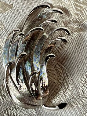 Vintage Monet Silver Textured Leaf Brooch Pin Mid Century Modernist 1960s Retro